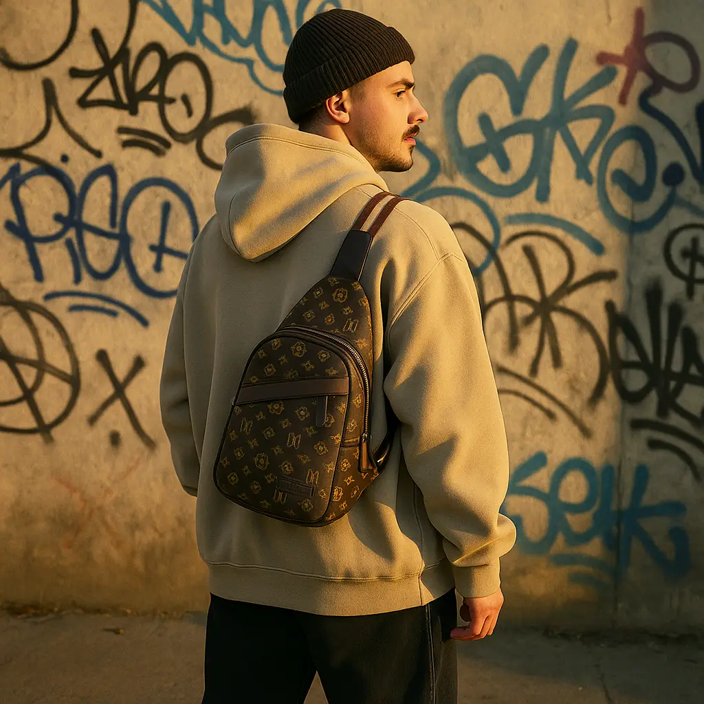 Bolso de pecho marrón con estampado