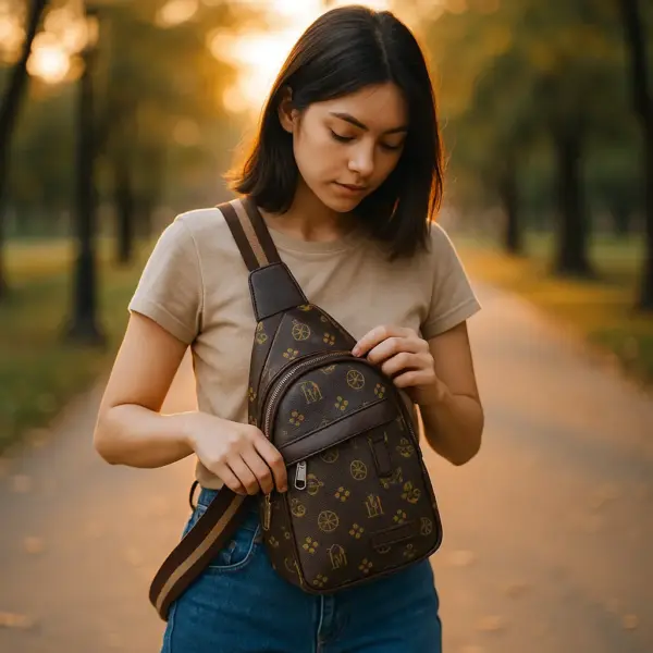 Bolso de pecho marrón con estampado
