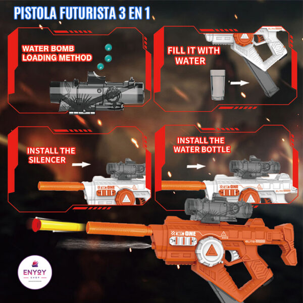Pistola 3 en 1 lanza hidrogel, dardos y agua