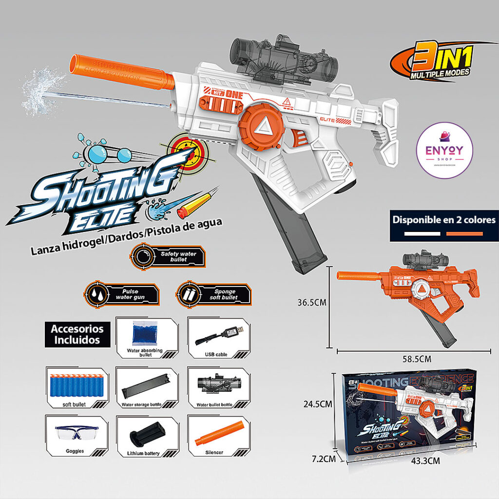 Pistola 3 en 1 lanza hidrogel, dardos y agua
