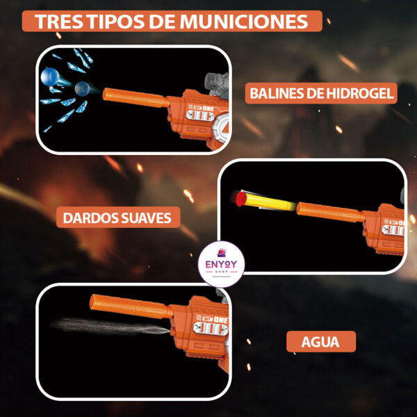 Pistola 3 en 1 lanza hidrogel, dardos y agua