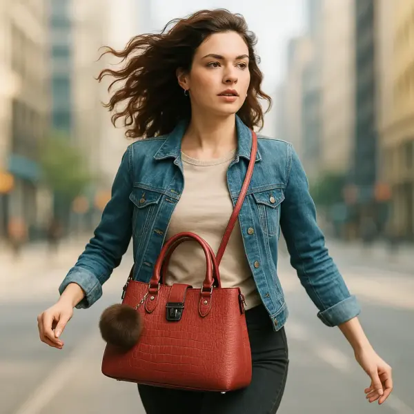 Bolso de hombro y mano con textura detalle pompón