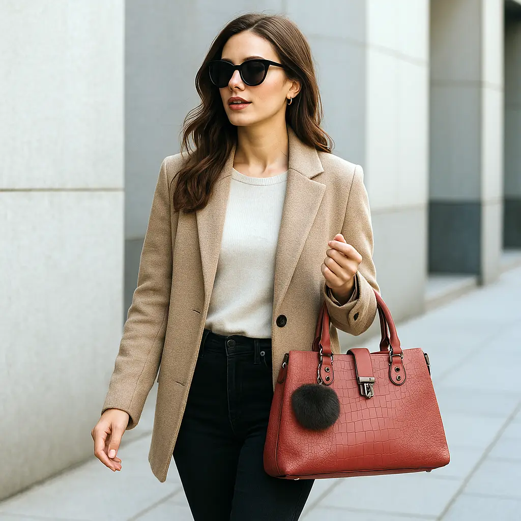 Bolso de hombro y mano con textura detalle pompón