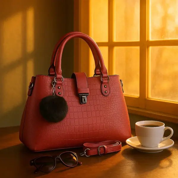 Bolso de hombro y mano con textura detalle pompón