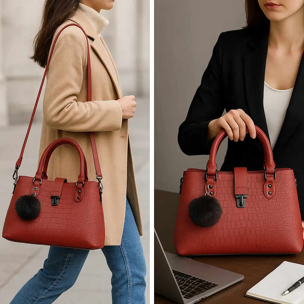 Bolso de hombro y mano con textura detalle pompón
