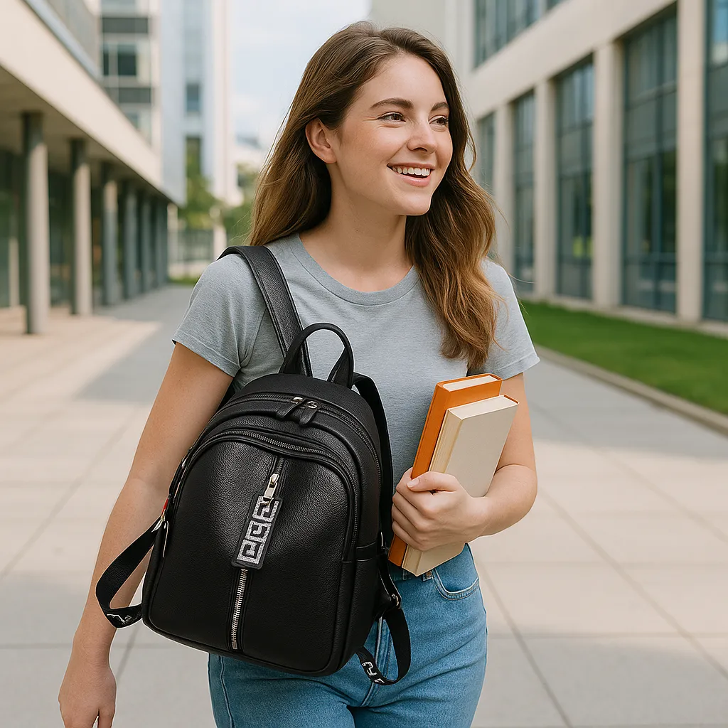 Mochila compacta de cuero para mujer