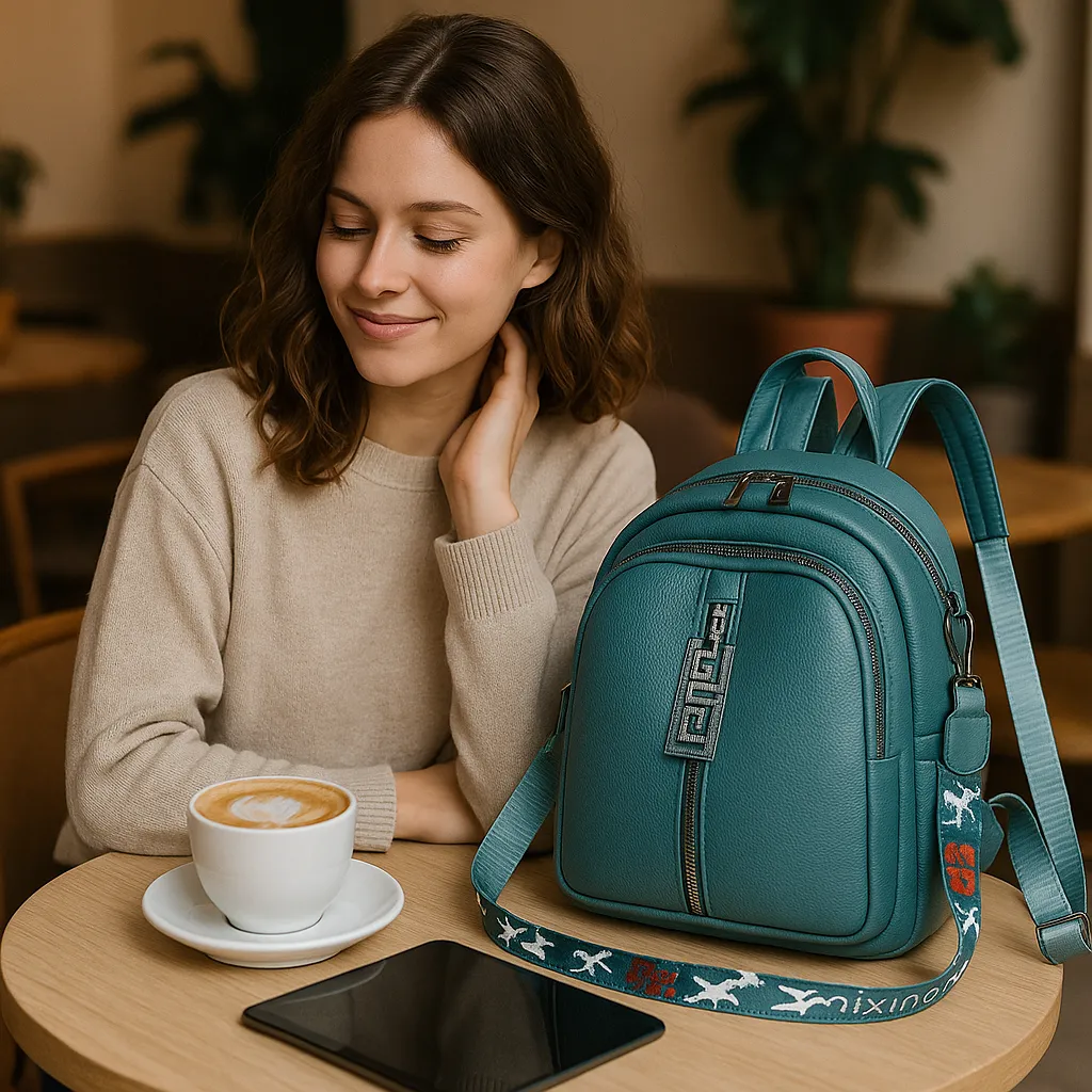 Mochila compacta de cuero para mujer